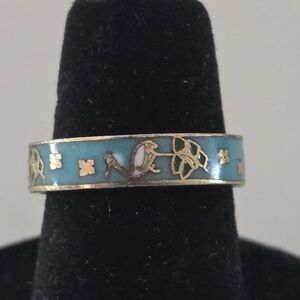 VTG Estate Cloisonne Turquoise Blue Gold Enamel Crane Bird Flower Dainty Ring